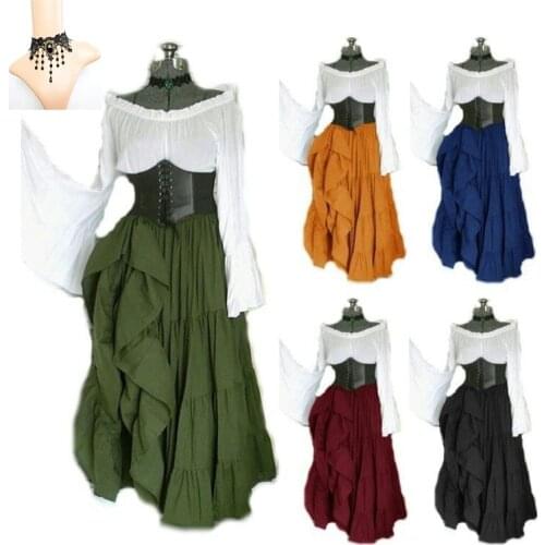 6 Colors Women Long Sleeve Medieval Renaissance Gothic Dress Casual Female Cosplay Lace Crochet Dresses S-3XL with Necklace