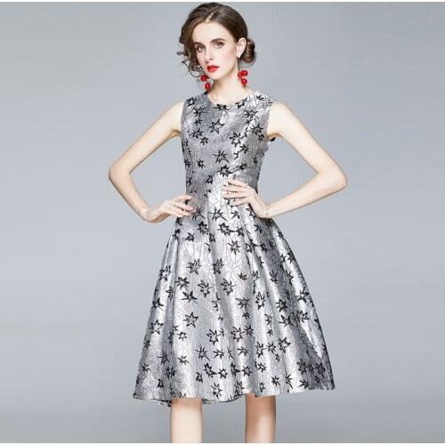 High Quality Women Luxury Jacquard Dress New Designer Vintage Party Robe Femme Silver Sleeveless Tank A-Line Dress Vestidos