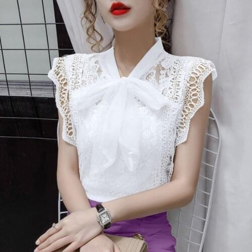 #1989 White Pink Beige Vintage Sleeveless Blouse Women Bow Collar Sexy Lace Blouse Slim Lace Womens Blouses And Tops Summer