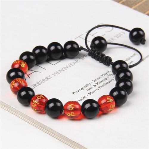 10mm Black Onyx Beads Braided Bracelet Six Words Sanskrit Beaded Energy Prayer Buddha Charm Bracelet for Women Men Jewelry Gift