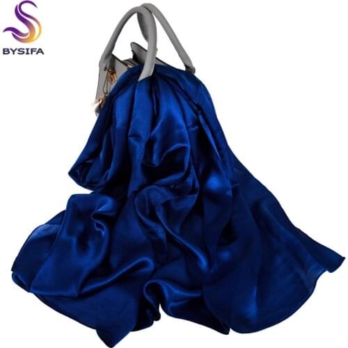 BYSIFA|Dark Blue 100% Silk Scarf Shawl Fall Winter Long Scarves Hijabs 180*70cm Spring Fall Brand Luxury Natural Silk Neck Scarf