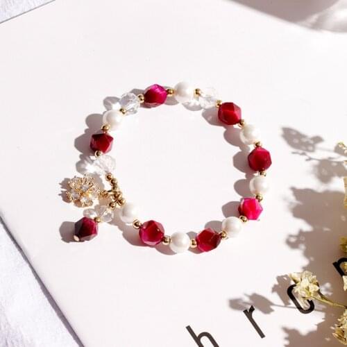 Flower Rose Red Natural Tigers Eye Stone Round Pearls Beads Strand Handmade Womens Bracelet Fashion Party Jewelry YBR245