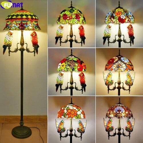 FUMAT Tiffany Style Parrot Butterfly Floor Lamps Stained Glass Home Art Deco 3 Heads Multicolor Antique European Light 65 Inch