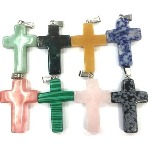 Fashion Natural Stone Pink Crystal Quartz Charms Cross Shape Pendant for Jewelry Making DIY Necklace Accessories Size 28x40mm