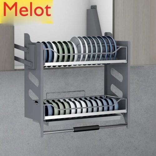 Wall Cupboard Lifting Drawer Basket of Dishes Kitchen Cabinet Stainless Steel Dish Rack Draining Drop-down Closet House Dish