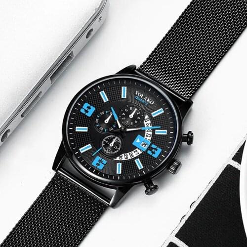 2021 New Student Sports Non-mechanical Mens Watch Fake Three-eyed Mens Leisure Business Calendar Net Belt Watch Shi Ying Watch