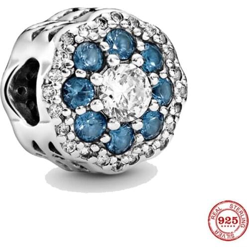 New 925 Sterling Silver Bead Blue Sparkle Flower Charm Fit Original Pandora Bracelet DIY Jewelry For Women Wholesale