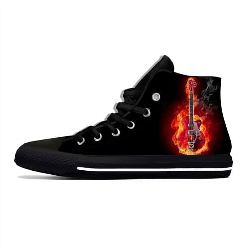 Fire Flame Music Funky Guitar Rock Fashion Lightweight High Top Canvas Shoes Men Women Casual Breathable Sneakers