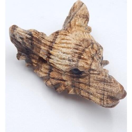 Wholesale Gemstone,Semiprecious Stone Jewelry,Natural Carved Wolf Head Picture Jasper Pendant Bead 37x27x13mm,10.8g