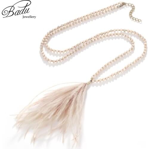 Badu Long Crystal Beads Necklace Ostrich Feather Pendant Women Bohemian Necklaces Fashion Jewelry 3 Colors Christmas Gift
