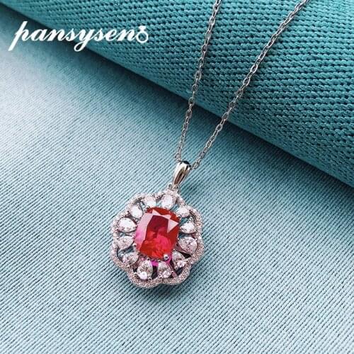 PANSYSEN 100% 925 Sterling Silver Oval Ruby Simulated Moissanite Pendant Necklace for Women Valentine Day Gift Wholesale Jewelry