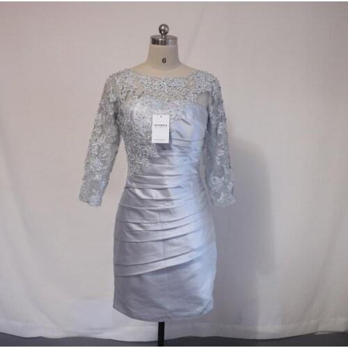 Sheath Knee Length Mother Of The Bride Dresses 2020 Spring Summer Silver Grey Lace Women Party Gowns 3/4 Sleeves Gowns CM098