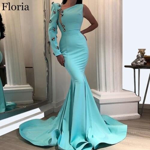 Sky Blue Dubai One shoulder Prom Dress Mermaid Long Formal Evening Dress Turkish Special Occasion Dress Arabic Women Vestidos