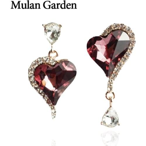 M&G Luxury Brown Heart Glass Dangle Earrings for Women Needle Red Glass Asymmetric Zircon Earrings Fashion Jewelry