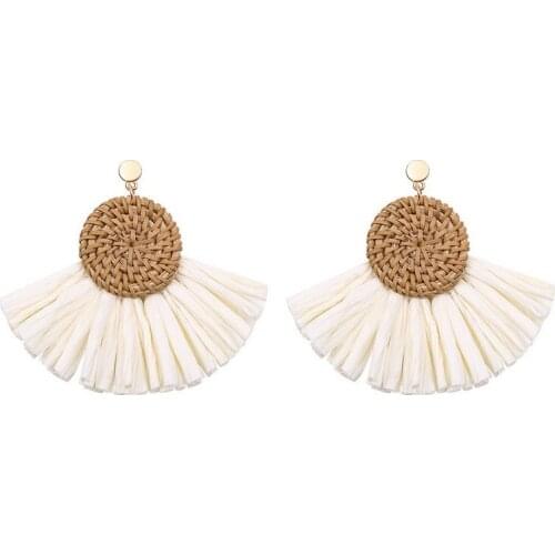 ZWPON Summer Rattan Weave Round Disc Raffia Fan Fringe Tassel Earrings for Women Trendy Boho Beach Earrings Jewelry Wholesale