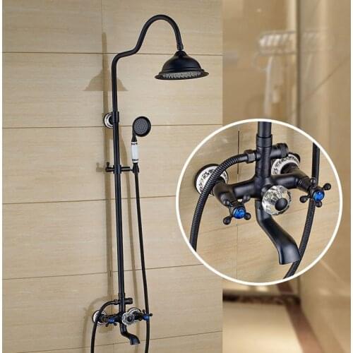 Shower Faucets Black Brass Shower Set 8 Inch Shower Head Hand Shower Sprayer Commodity Shelf Wall Mounted Mixer Tap WF