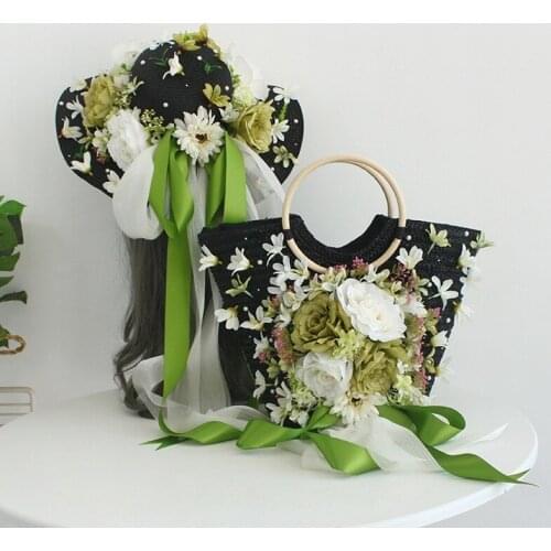 Fashion Straw Bag for Women 2021 Summer Rattan Beach Bags Travel Vacation Handmade Flowers Ribbon Handbag with Flower Sun Hat