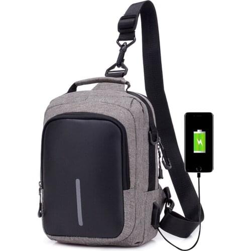 5PCS / LOT Mens USB Charging Shoulder Crossbody Bag Men Female Zipper Business Chest Pack Anti-theft Package Messenger Bags