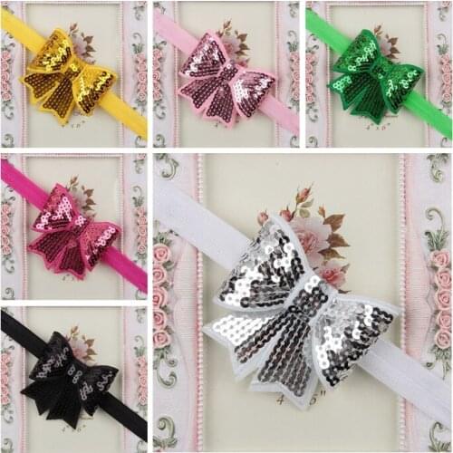Solid Color Handmade Bowknot Headband Newborn Infant Big Sequins Bows Hair Bands Elastic Children Headwear Clothing Decoration