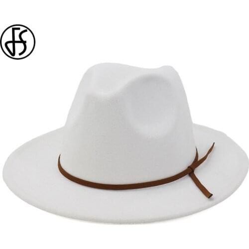 FS Wide Brim Fedora Hats For Women Winter Fashion Wool Hat Men Black Jazz Caps With Thin Belt Gentleman Elegant Chapeau Femme