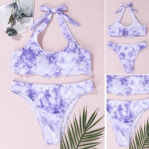 Womens Tie-Dye Printed Swimsuit Lace 2 Piece Set Purple
