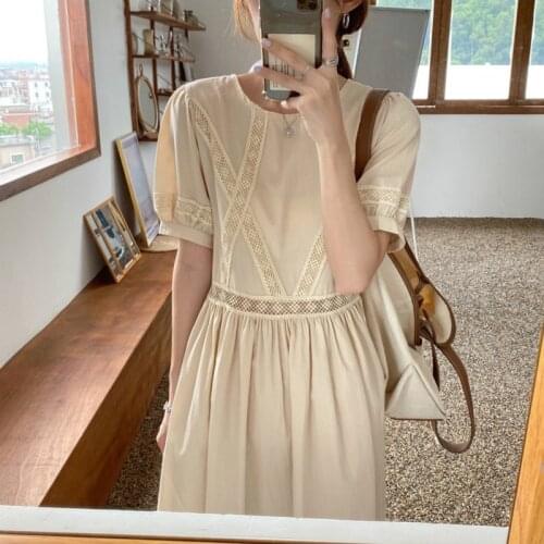 Women Summer Vintage Lace Long Pleat Dress Waist Hollow Out Round Collar Zipper Midi Dresses Woman Clothing 2020