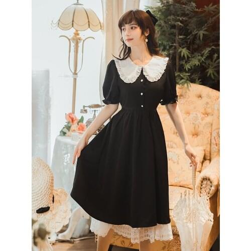 French Retro Palace Style Kawaii Dress Women Summer 2021 New French Retro Lace Stitching Doll Collar Sweet Cute Dress Lolita