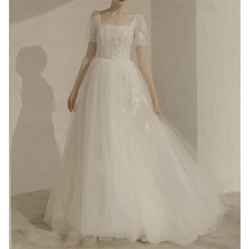 Square Neck French Style Floor Length Wedding Dress Elegant Applique Lace Tull Backless Bridal Gowns vestidos de mairee Wedding