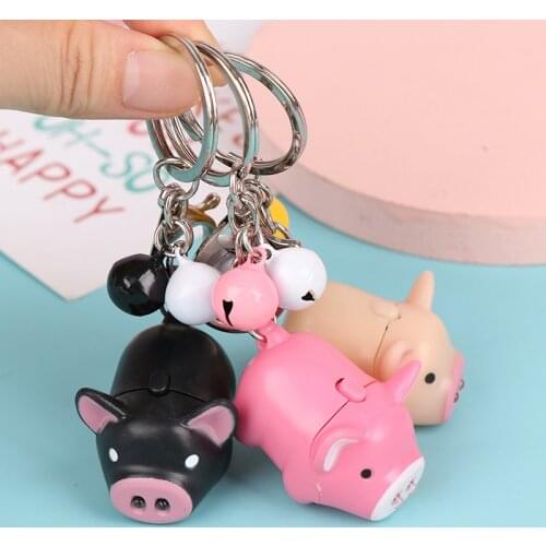 1PCS Mini Adorable Pig Keychain LED Luminous Sound Cartoon Pig Key Ring