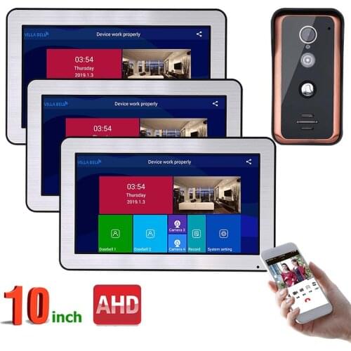 10 inch 3 Monitors Wired Wifi Video Door Phone Doorbell Intercom System with AHD 720P Wired IR-CUT Camera Night Vision