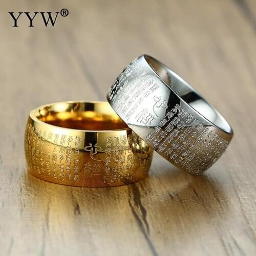 10mm Stainless Steel Finger Ring New 2020 Fashion Jewelry Buddhist Scriptures Ring For Men Religious Faith Prayer Band Gold