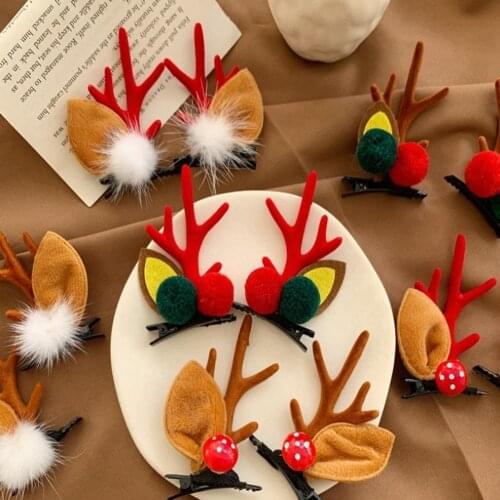 2Pcs Korea Fashion Christmas XMAS Cute Deer Hair Clips Deer Antlers Mushroom Faux Fur Ball Girls Women Hairpins Hair Accessories