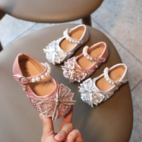 2021 Girls' Leather Shoes New Style Baby Girl Rhinestone Bow Pearl Princess Flats Fashion Dance Shoes Soft Sole Sweet for Party