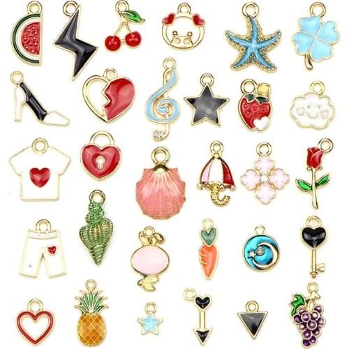 30PCS/Set Fruit Heart Star Flower Pendant Charms Mixed Enamel Metal Charms DIY Craft Jewelry Making Findings