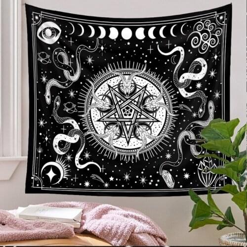 Bohemian Moon Phase Witch Tapestry Black White Snake Antelope Night Sky Wall Hanging Blanket Hippie Psychedelic Backdrop