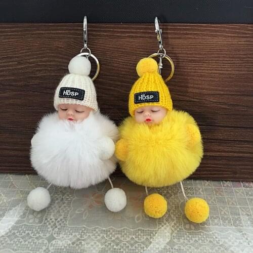 10PCS Pompom Sleeping Baby Keychain Cute Fluffy Plush Doll Keychains Women Girl Bags Keyrings Cars Key Ring Gift Decoration