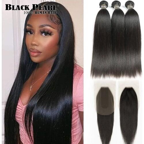 Black Pearl Brazilian Straight Hair 2X4 Lace Frontal Closure With Bundles Remy Human Hair With Frontal 3 Bundles With Closure