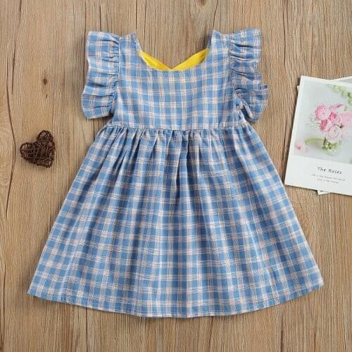 Children Summer Princess Dress Kids Baby Girls Plaid Round Collar Backless Ruffle Criss-cross Strap Sleeveless A-line Sundress