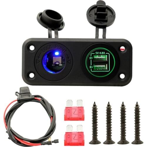Dual USB Socket Panel with Screw Waterproof Power Socket Adapter Kit Dual USB Ports for 12V-24V Car Boat RV, Green LED Lights