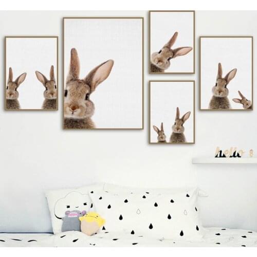 Brown Rabbit Print Painting Picture Nordic Kids Bedroom Decoration Cute Woodland Animal Rabbit Canvas Poster Nursery Wall Art