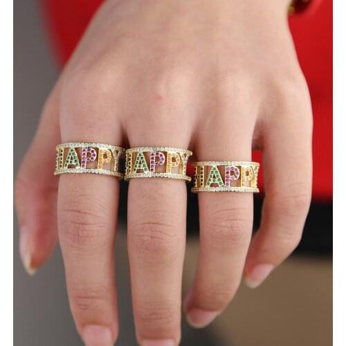 LOVE HAPPY Letter CZ Ring Gold fashion Rings for Women Cocktail Party Stackable Rings trendy fashion jewelry