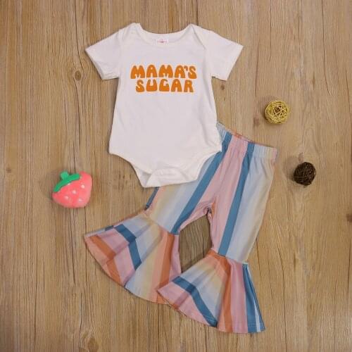 Summer Two Piece Baby Girls Clothes Set Fashion Letter Short Sleeve Romper and Stripe Trumpet Trousers Outfit