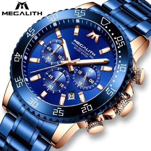 MEGALITH Men Quartz Watches Blue Stainless Steel Waterproof Luminous Analogue 24-hour Wristwatch For Man Chronograph Clock 8218