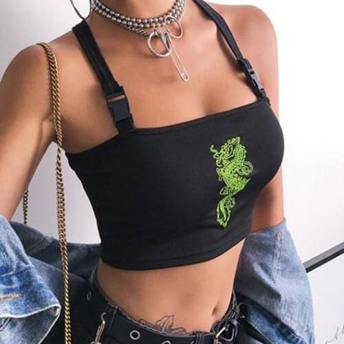 Fashion Crop Top Women Sexy Summer Buckle Vest Boob Tube Crop Top Bralette Sheer Dragon Embroidery Stylish Cami Tank Top 2021