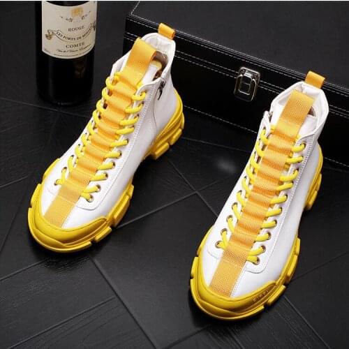 2020 New High quality Fashion Mens yellow with white Casual Round Toe platform Shoes Man Trending Leisure high tops Shoes