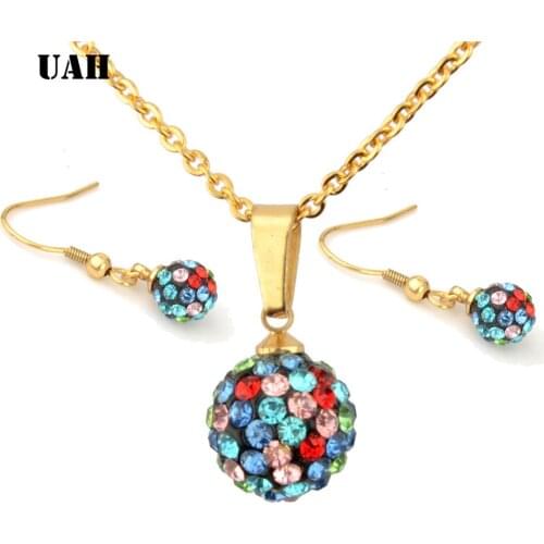 UAH Shiny Latest Jewelry Set Stainless Steel Austrian Crystal Pave Disco Ball Lever Back Earring Pendant Necklace Women