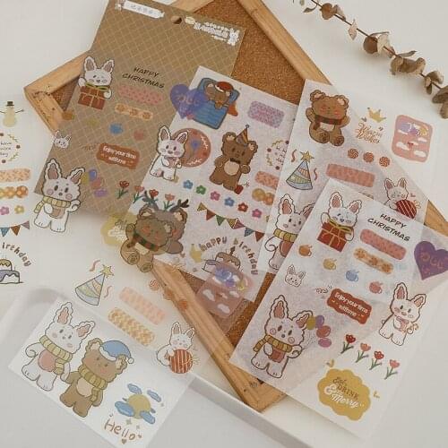 6Pcs/Bag Cute Bear Rabbit Anime Series Sticker Hand Account Scrapbook Bullet Diary Material Stationery Sticker School Supplies