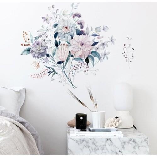 Water color flowers and plants wall stickers bedroom living room home background decoration mural removable stickers wallpaper