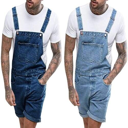 New retro mens denim pierced shorts conjoined overalls belted pants