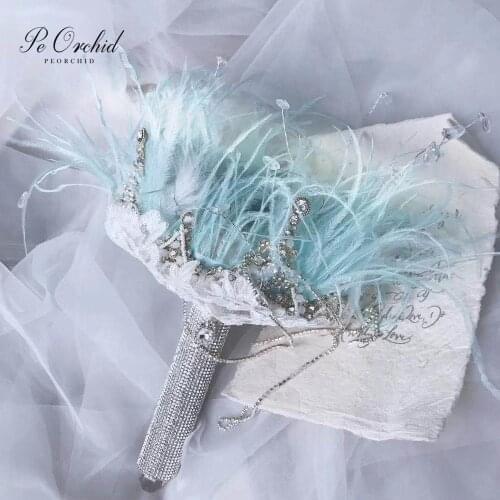 PEORCHID Luxury Custom Brooch Wedding Bouquet Feather Bridesmaid flowers Crystal Bridal Crown Bouquet Blue Silver 2020